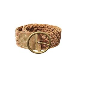 Express Womens Braided Woven Leather Belt Tan Gold Metallic Round Buckle Medium